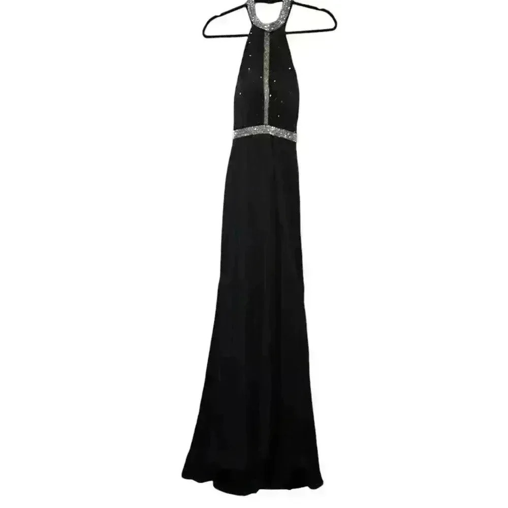 Rhinestone Halter Neck Open Back Mesh Center Gown with Train Size 2